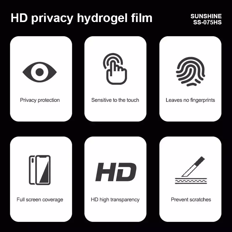 SUNSHINE-HD Anti-Peep Privacidade Hidrogel Filme, Película Protetora Da Tela Do Telefone Móvel, Alta Qualidade, SS-075HS, 50Pcs