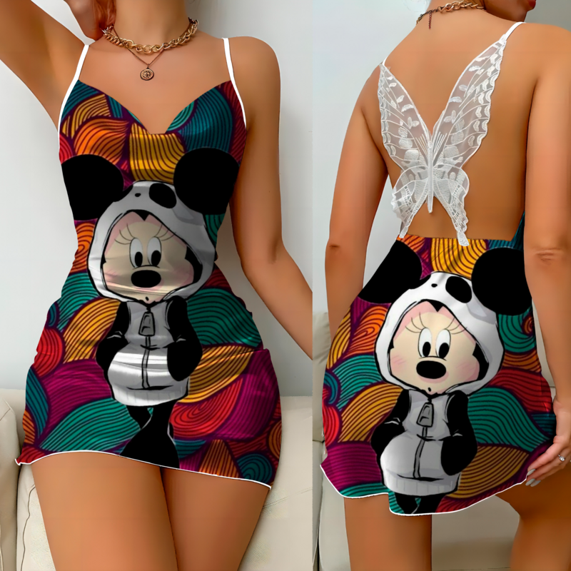 Disney-vestido de festa com laço em cetim feminino, saia elegante de pijama, Mickey Minnie Mouse, vestido deslizante, moda, verão, 2024