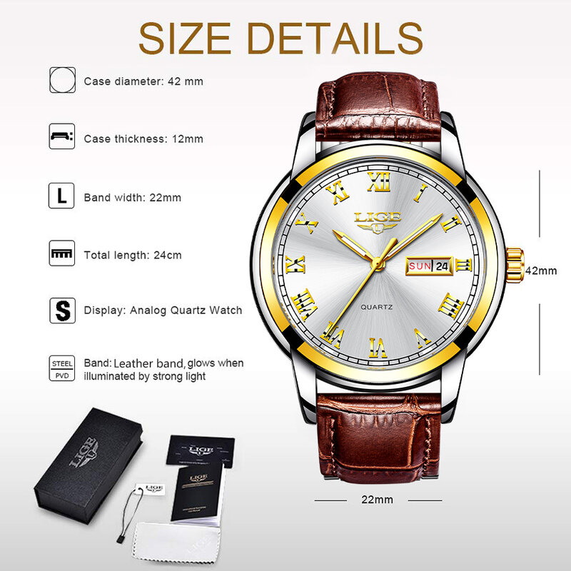 Lige-Relógio quartzo de couro de luxo masculino, Relógios negócios, Impermeável, Data, Design clássico, Vintage