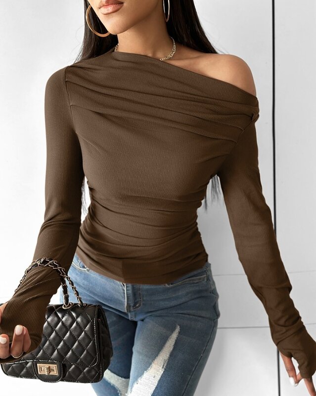 Women's Versatile Spring/summer Single Wear Tight Fitting Clothes with Slanted Collar, Off Shoulder Pleated Long Sleeved Top