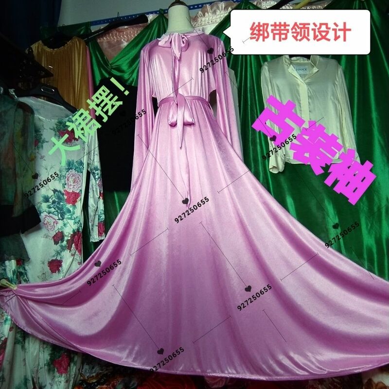 Glossy Women Satin Long Sleeve Dress Loose Lace Up Maxi Dress Plus Size Sleeping Robe
