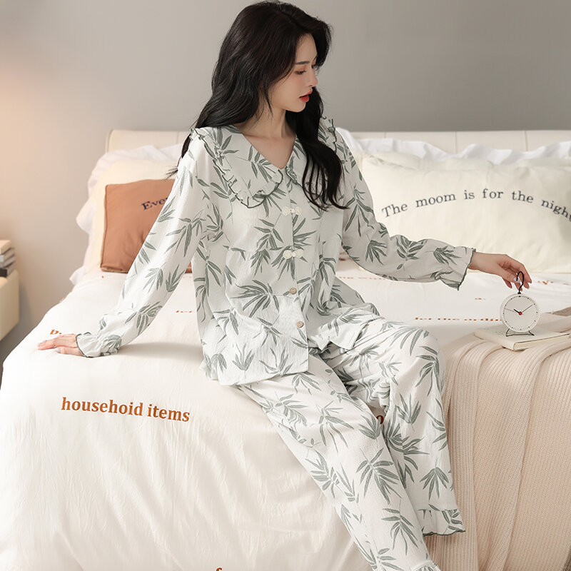Spring Autumn Sleepwear Floral Princess Style Doll Collar Long Sleeves Cotton Home Clothes Loose Casual Chic Women Sweet Pajamas