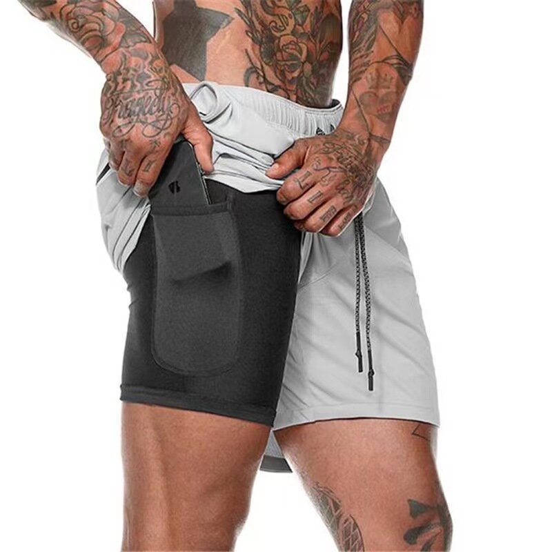 Pantalones cortos deportivos de camuflaje para hombre, 2 en 1, de doble cubierta, secado rápido, para gimnasio, Fitness, trotar, entrenamiento, 2021