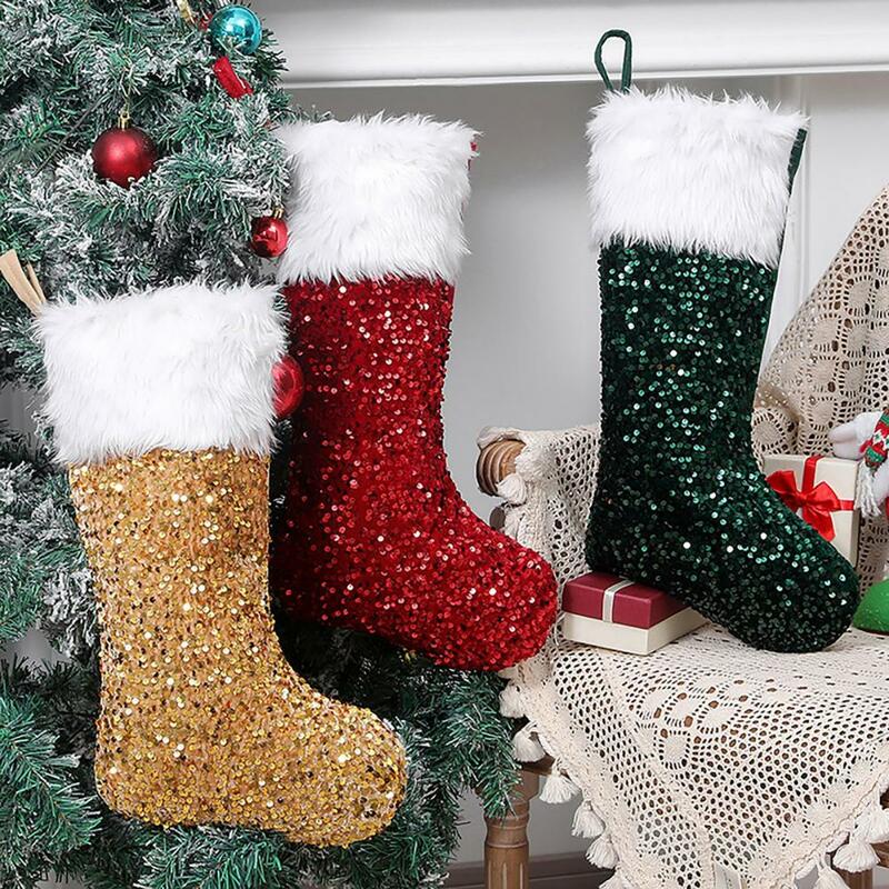 Christmas Stocking White Long Plush Sequins Bright Color Festival Prop Xmas Tree Ornament Kid Gifts Bag Pendant Xmas Decoration