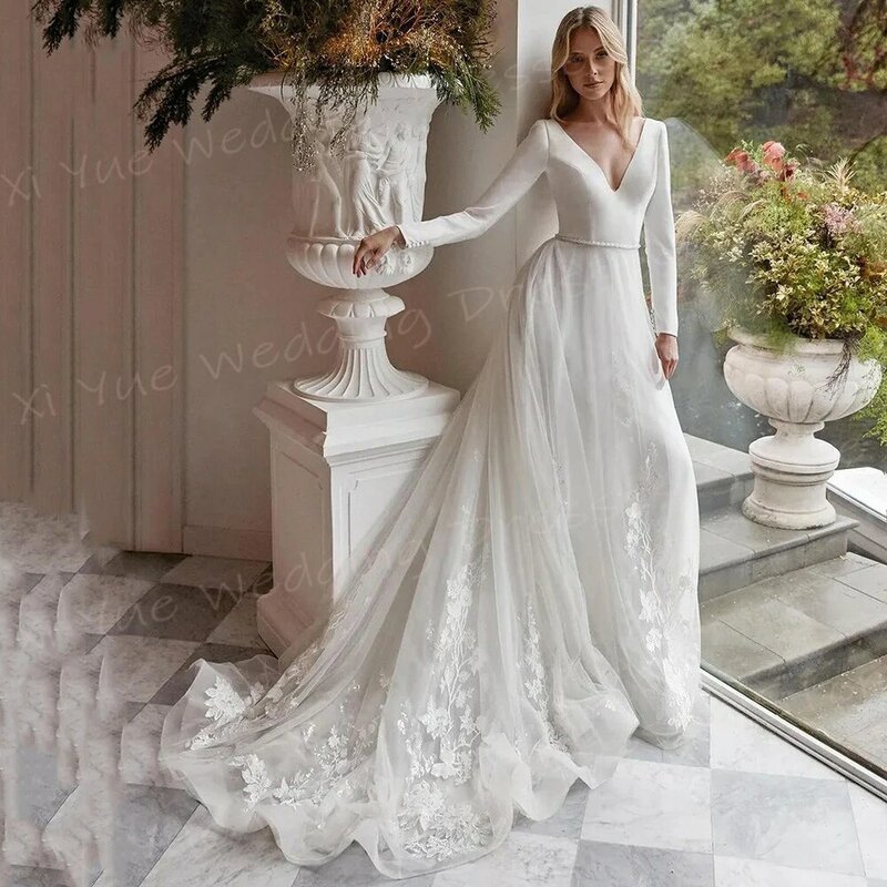 Женское свадебное платье с длинным рукавом, V-образным вырезом и кружевной аппликацией