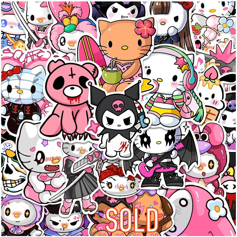Goth Sanrio Anime Adesivos para Crianças, Hello Kitty, Kuromi, Minha Melody, Decalque Impermeável, DIY, Skate, Laptop, Carro, Etiqueta Legal, 10 Pcs, 30 Pcs, 54Pcs