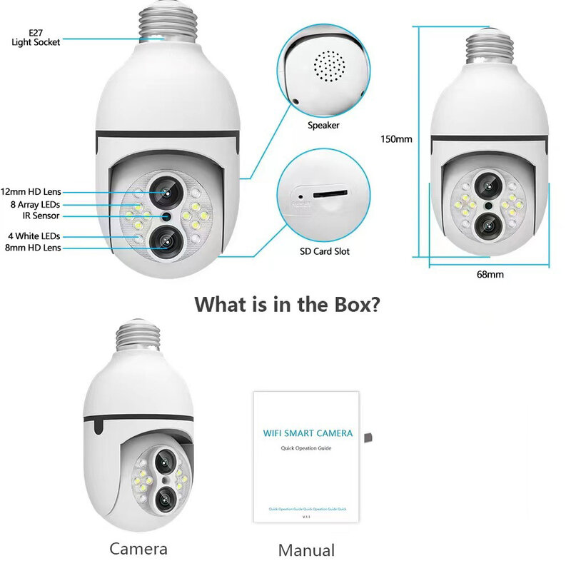 HD 1080P Dual Lens 10X Zoom 360 PTZ Security Bulb Mini Camera with Auto Tracking 2 Way Audio Color Night Vision WiFi CCTV Camera