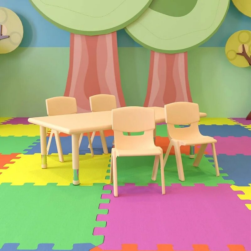 Children's table and chairs, 24''W x 48'''L rectangular green plastic height adjustable activity table, with 4 chairs