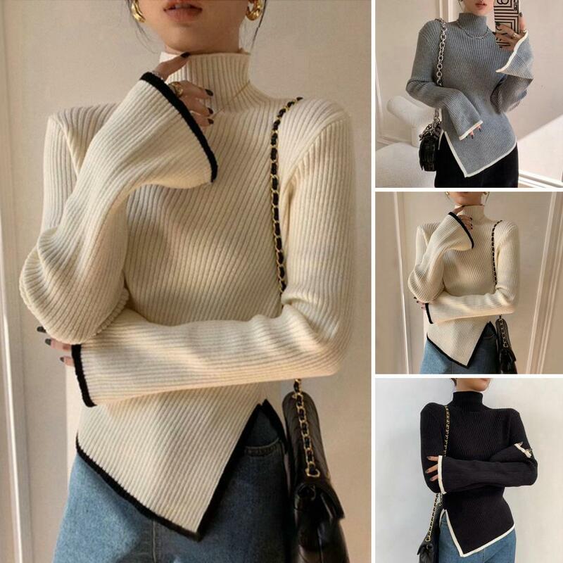 Turtleneck Sweater Cozy High Collar Knitted Sweater for Women Irregular Split Hem Pullover with Warm Neck Protection for Fall