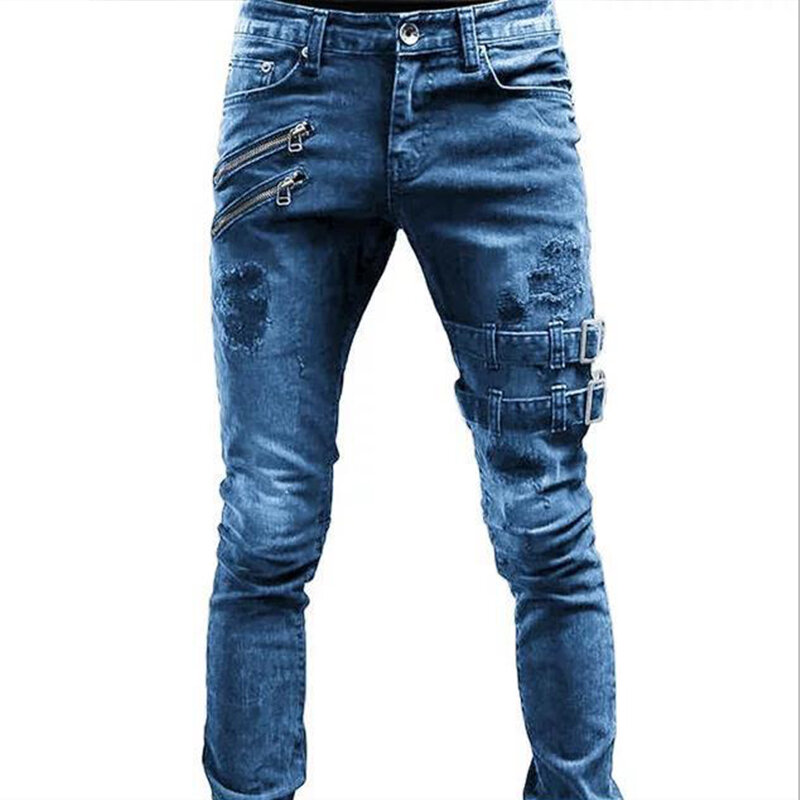 Zipper Decoration Slim Fit Biker Jeans Men Cotton Stretchy Ripped Skinny Jeans High Quality Hip Hop Black Oversize Denim Pants