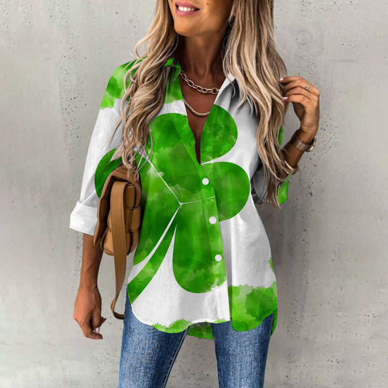 Spring Women's Blouse Long Sleeves Lucky Clover Printed Fashion Casual Button Down Shirts Daily Office Tops Female Clothing 2024