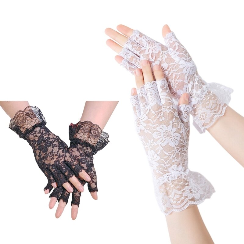 Sexy Elastic Lace Gloves with Floral Decor Summer Cycling Driving Hollow Out Fishnet Delicate Women Half Finger Gloves