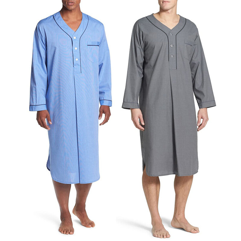 男性用のレトロなVネックナイトガウン,イスラム教徒のナイトウェア,長袖,無地,睡眠用