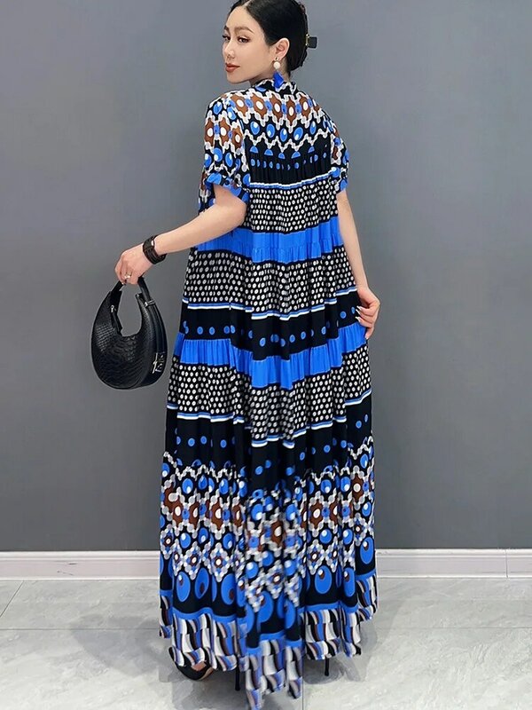 SHENGPALAE Printed Hundred Pleated Long Dress With Large Swing 2024 Spring Summer New Short Sleeves Loose Robe Clothes 5R9717