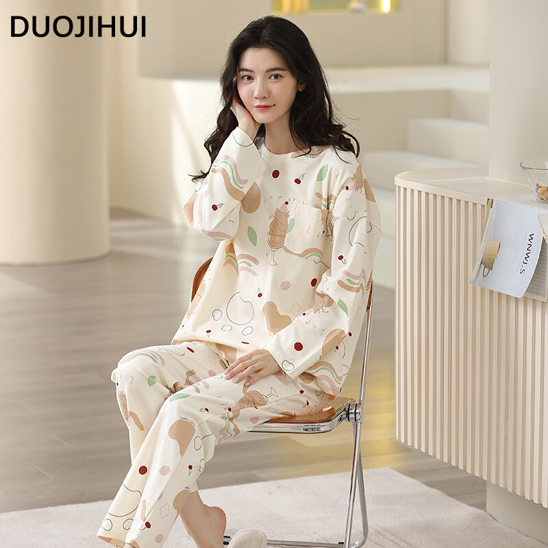 DUOJIHUI Autumn Fashion Printed Basic Female Pajamas Set New O-neck Pullover Simple Pant Contrast Color Casual Pajamas for Women