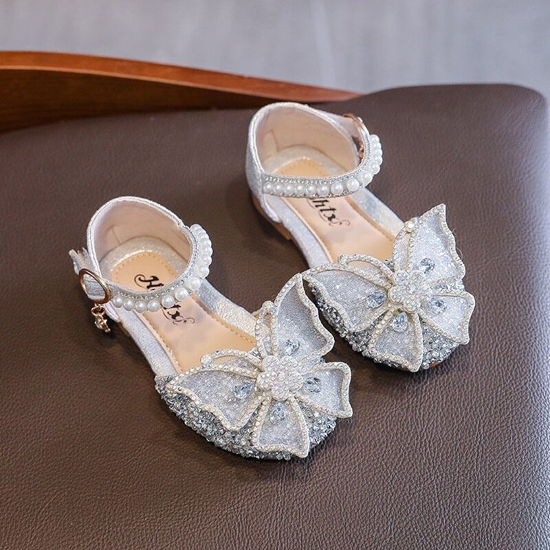 Dziewczęce słodkie buty księżniczki cekiny Bowknot letnie sandały dziecięce maluch Fashion Party Dance dziecięce buty na niskim obcasie 21-35