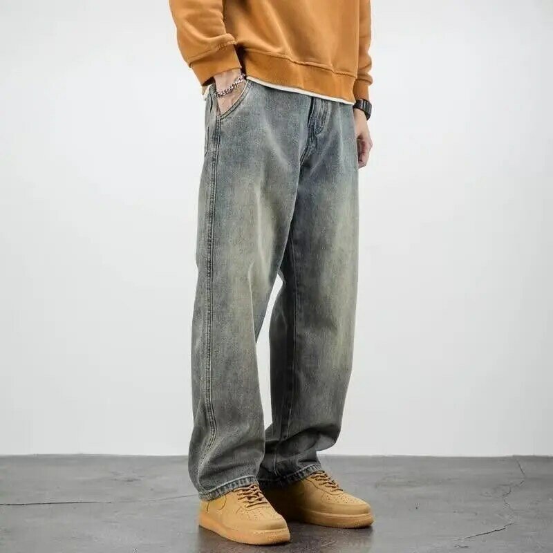 กางเกงยีนส์ผ้ายืดสำหรับผู้ชายกางเกงคาวบอยแนววินเทจ celana Panjang Motor ฟอกสีแนวพังค์ทรงหลวมแนวย้อนยุคทรงแบ็กกี้ลำลองนักออกแบบกอธ