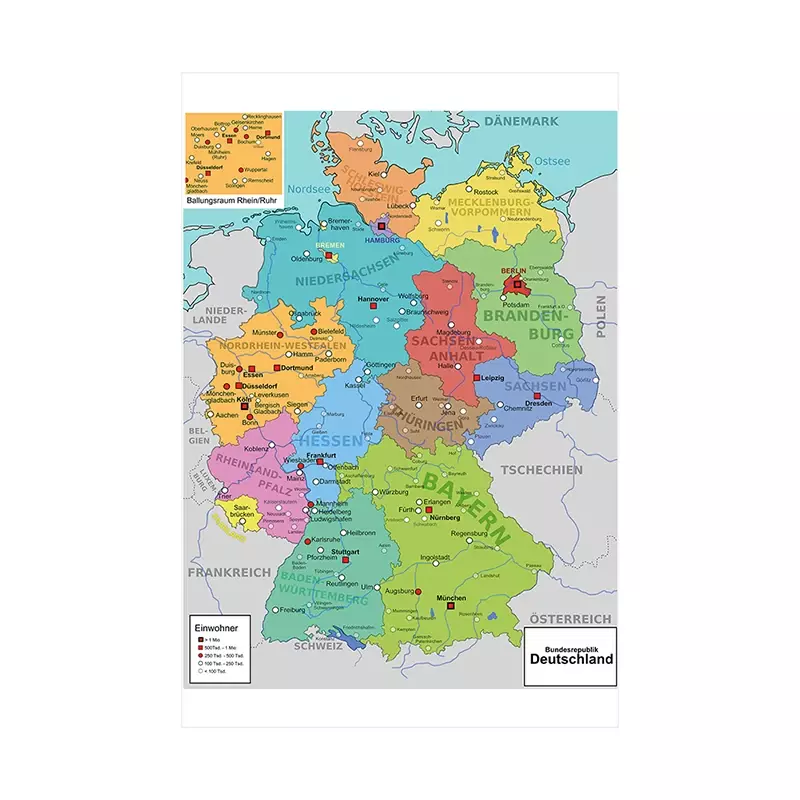 Mapa de Alemania para decoración de pared, lienzo sin marco, póster artístico para sala de estar, suministros escolares, 42x59cm