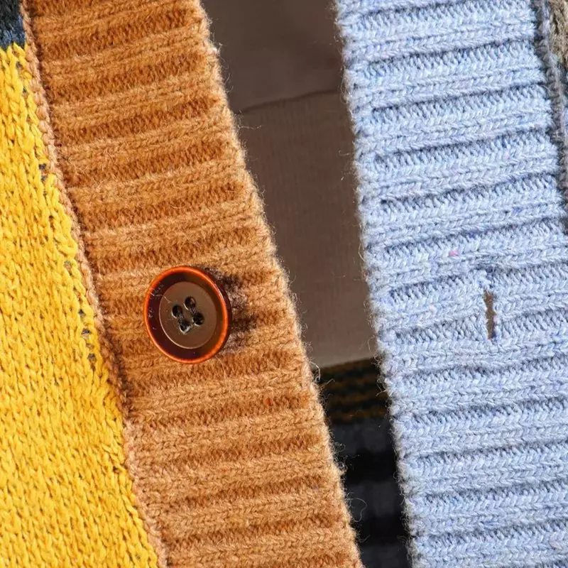 Suéter masculino colorido emenda v-Neck, cardigan tamanho grande, malha nova