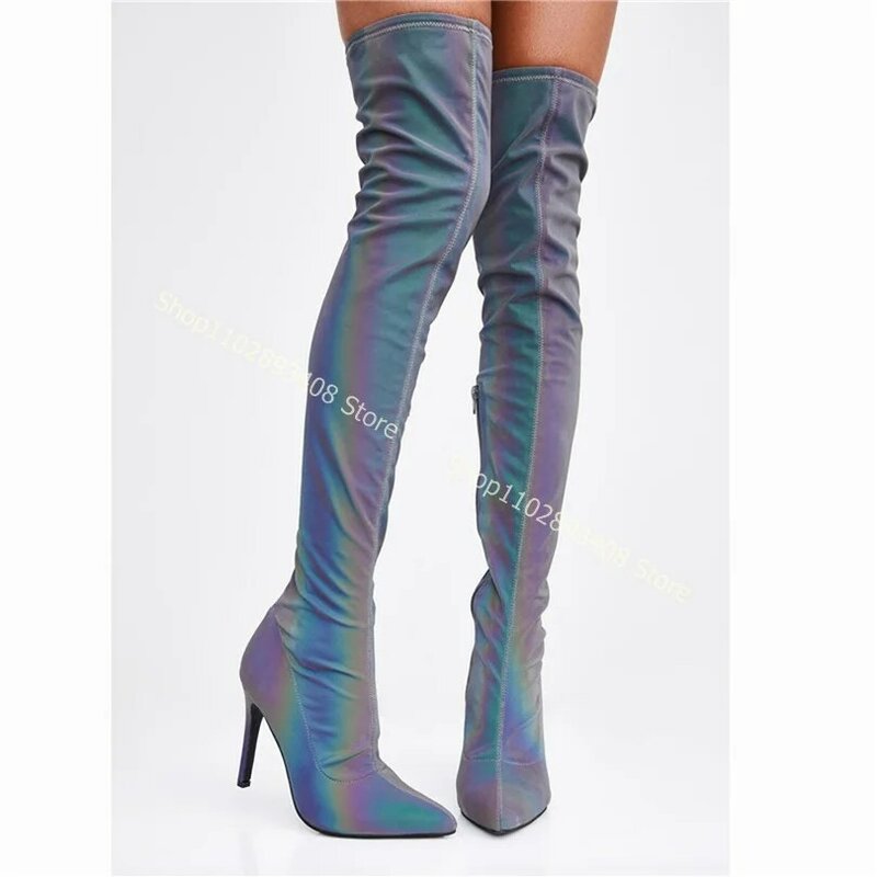Blue Pointed Toe Knee Boots Stiletto High Heels Side Zipper Women Autumn Sexy Fashion Big Size Shoes 2023 Zapatos Para Mujere