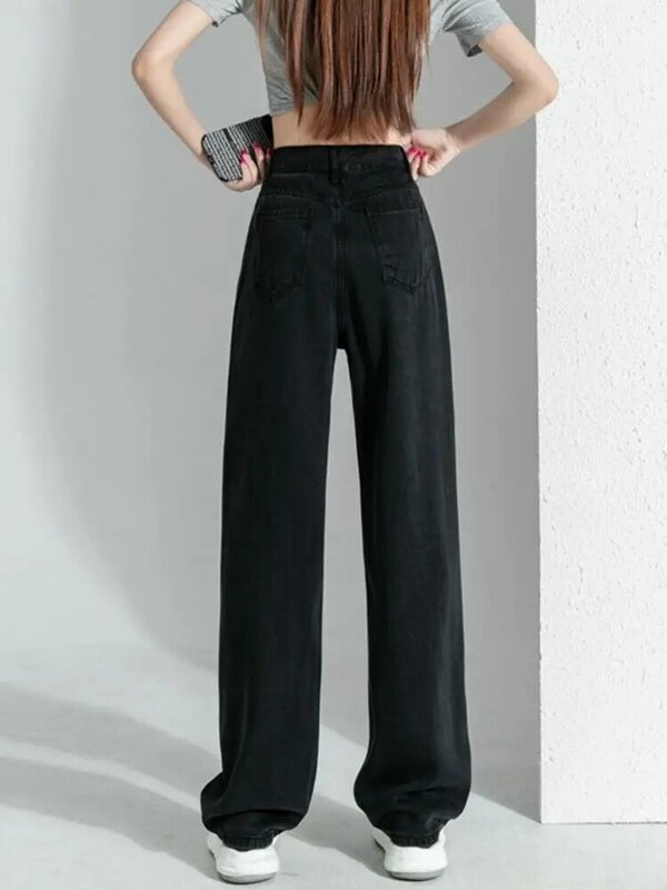 CICISHOP กางเกงยีนส์สีดำ Tencel เจาะรูสำหรับผู้หญิงกางเกงพื้นยาวผ้าไหมน้ำแข็งขนาดใหญ่สำหรับฤดูร้อน