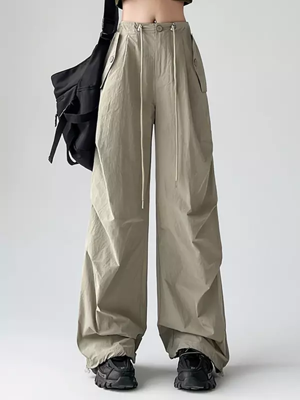 Pantalones holgados de Color caqui para mujer, pantalón informal con cremallera y botones, Color sólido, elegante, a la moda