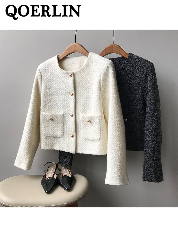 QOERLIN-Blazer boutonné à la mode coréenne, veste élégante, manteau avec poche, manches longues, noir, beige, tenues de bureau