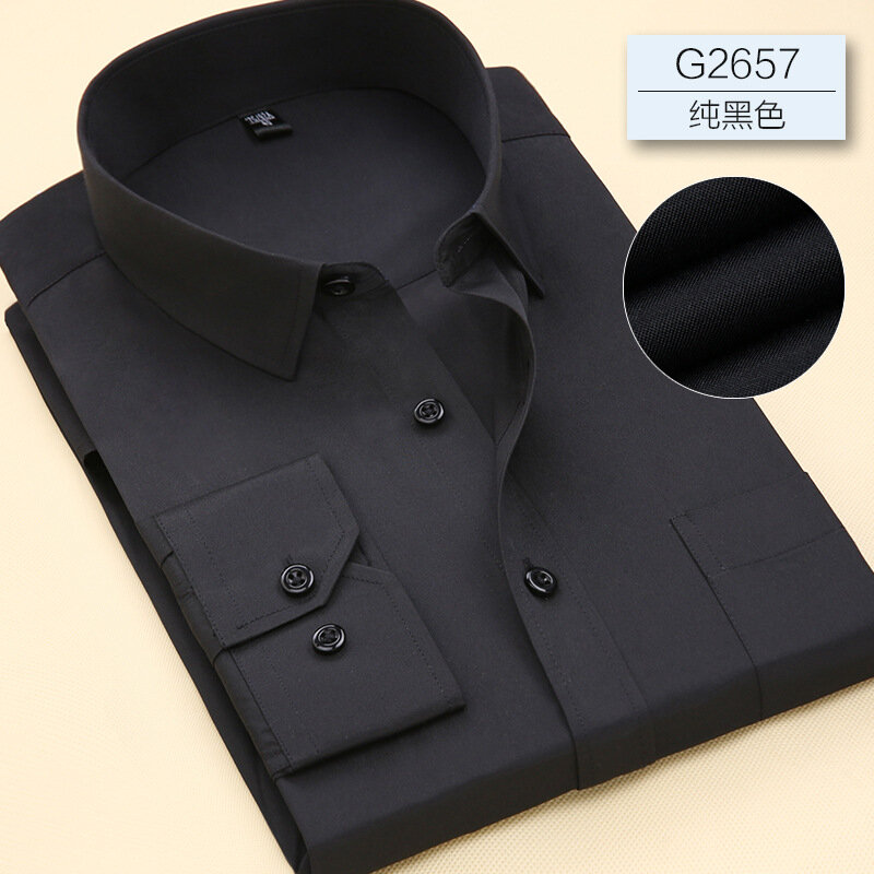 8XL 퓨어 컬러 오피스 포멀 비즈니스 소셜 워크 클래식 셔츠, 남성용 긴팔 셔츠, 캐주얼 남성용 흰색 드레스 셔츠, 검정색