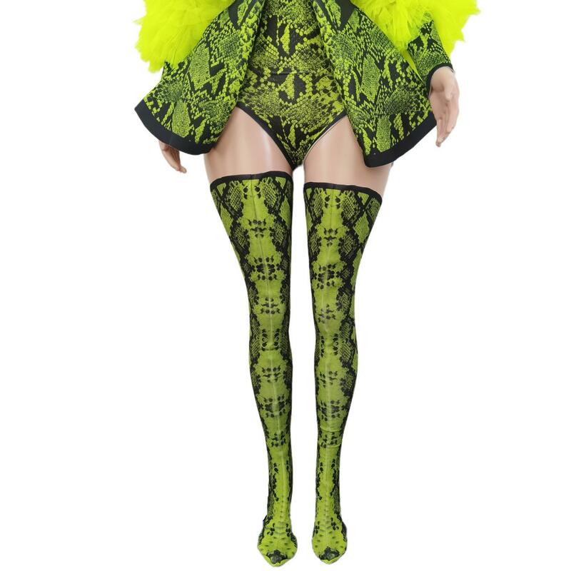 Fashion Three Piece Outfit Set Fluorescent Green Snake Print Halloween Costume Women Jacket Festival Bodysuit Outfit Ferformance
