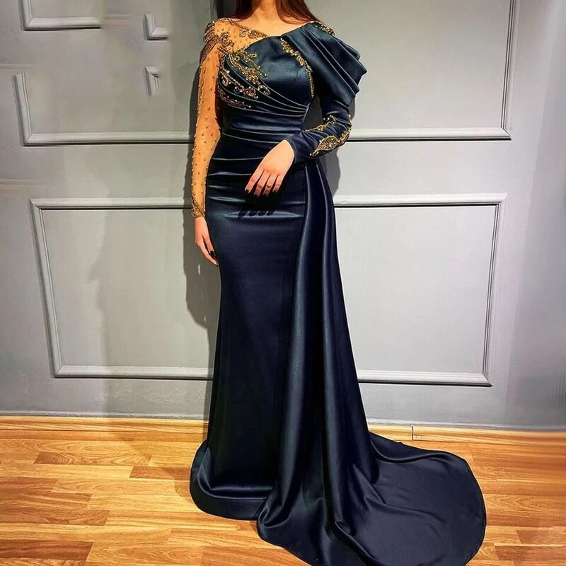 Green Evening Dresses Satin Pleated Long Sleeve Gorgeous Round Neck Women's Lace Applique Prom Gowns Formal Party Vestidos Robe