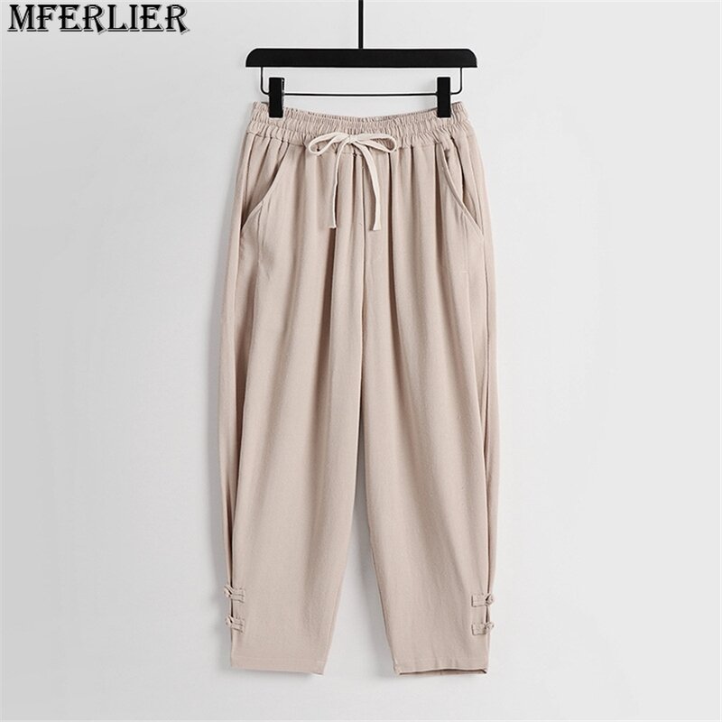 Lniane spodnie męska letnia spodnie do kostek Plus rozmiar 9XL spodnie z elastyczną gumką w pasie męska moda na co dzień jednolity kolor dołu duży rozmiar