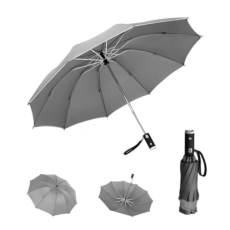 Guarda-chuva automático Windproof com luz LED Dia de chuva portátil Tiras reflexivas, Viagem