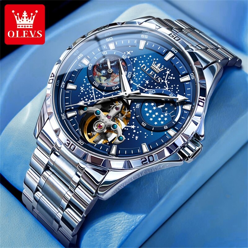 OLEVS Original Brand Fully Automatic Mechanical Men Watch Starry Sky Dial Waterproof Luminous Stainless Steel Strap Moon Phase