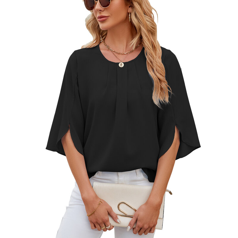 New Solid Color Round Neck 5/4 Sleeve Short Sleeve Loose Chiffon Top for Women