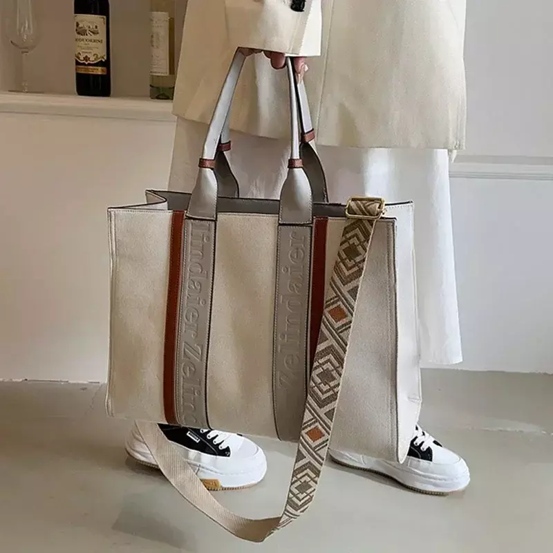 BBA115 tas tangan kanvas portabel wanita, tas selempang bahu lebar sederhana kapasitas besar