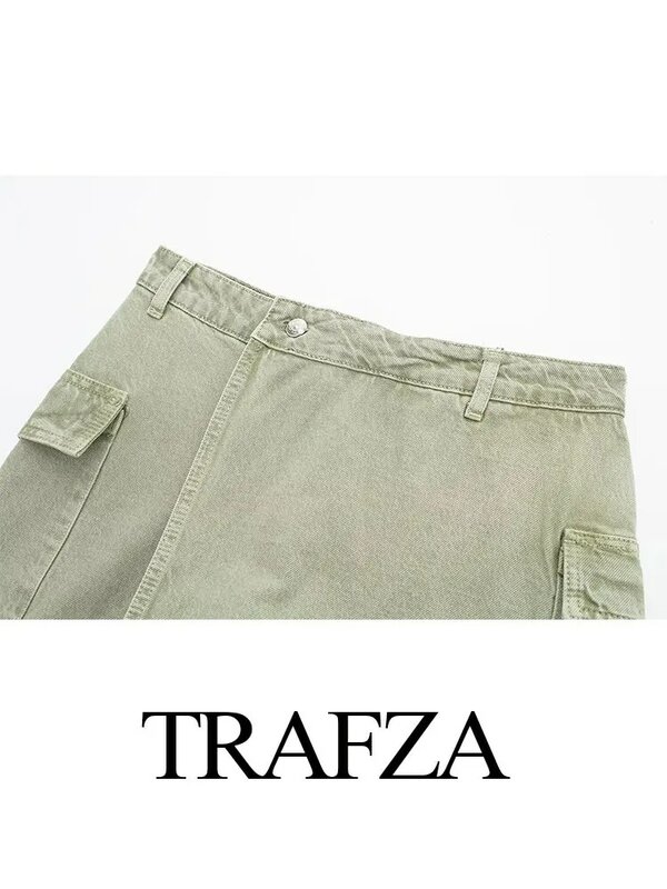 TRAFZA-pantalones cortos de mezclilla verde para mujer, pantalón corto de cintura media, informal, elegante y versátil, Primavera, 2024