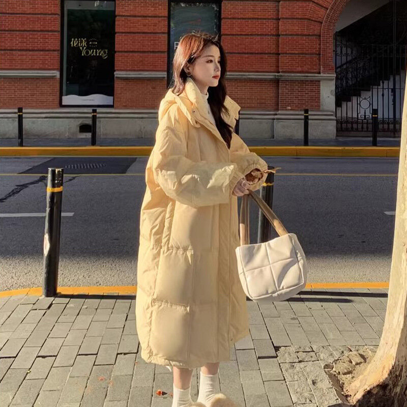 Light Yellow Down Cotton Jacket Women's Medium-length 2023 Winter New Hooded Thickened Cotton Coat Over The Knee Jacket