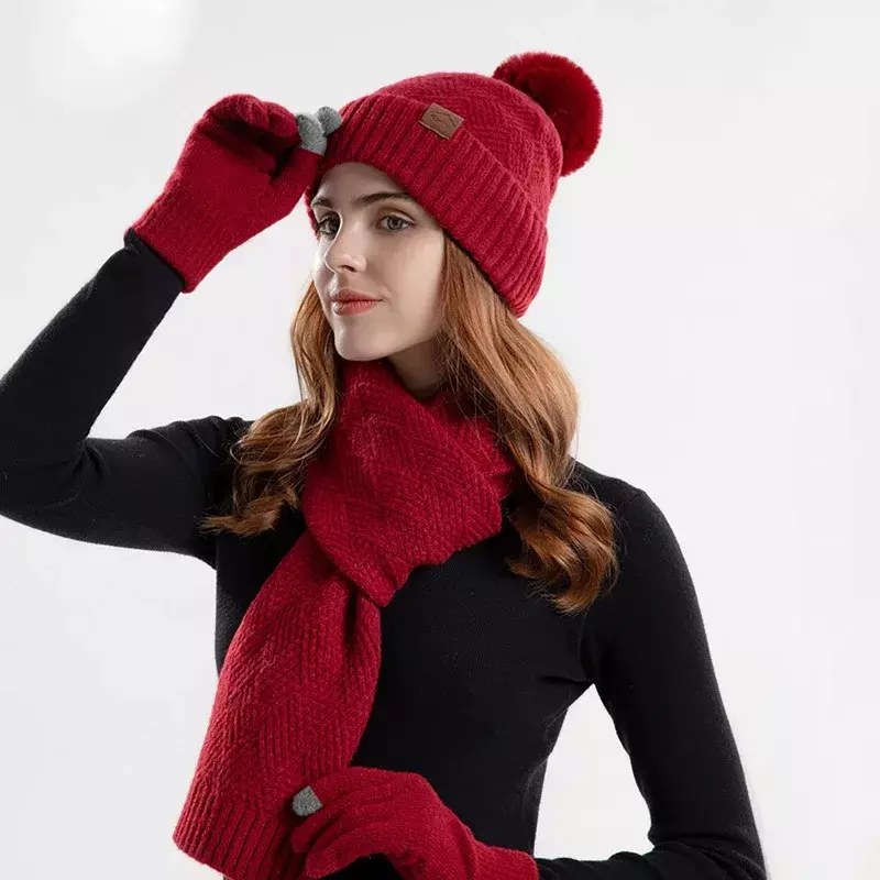3pcs/set Winter Beanie Hat Scarf Touchscreen Gloves Set for Women Warm Knit Fleece Lined Hat Set Leather Label Fur Ball Cap