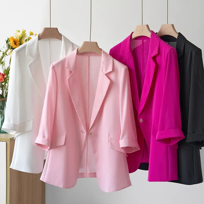 Women Solid Blazers Coat Fashion Slim Suits Female Casual Three-Quarter Sleeve Chic Tops Thin Office Lady Blazer Spring Summer