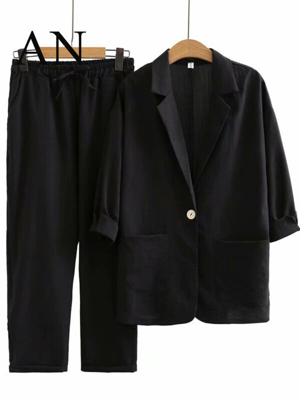 Conjunto de traje de lino y algodón para mujer, traje informal de dos piezas, Top y pantalones, moda de verano, 2 piezas elegantes