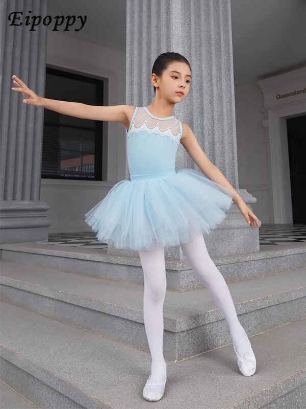 Летнее хлопковое танцевальное платье для девочек, детская цельная одежда для тренировок без рукавов, с вышивкой из страз, для балета