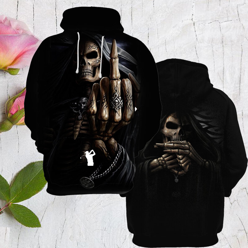 Without Fleece Fall Fashion Oversized Clothes Casual Hooded Sweater Men's Pullover Hoodie 3d Printed Skull Hip Hop Streetwear
