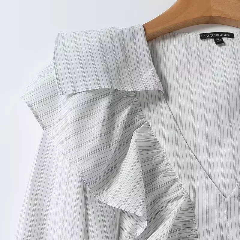 Blusa feminina francesa de babados com gola marinheiro listrada, botão de manga comprida, tops chique retrô, nova moda, 2023
