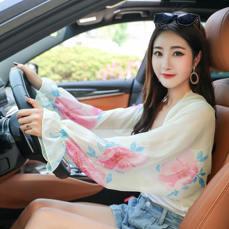 Women Summer Tops Sun Protection Arm Sleeves Print Flower Chiffon Sunscreen Riding Arm Shade Scarf Outdoor Driving Sleeve
