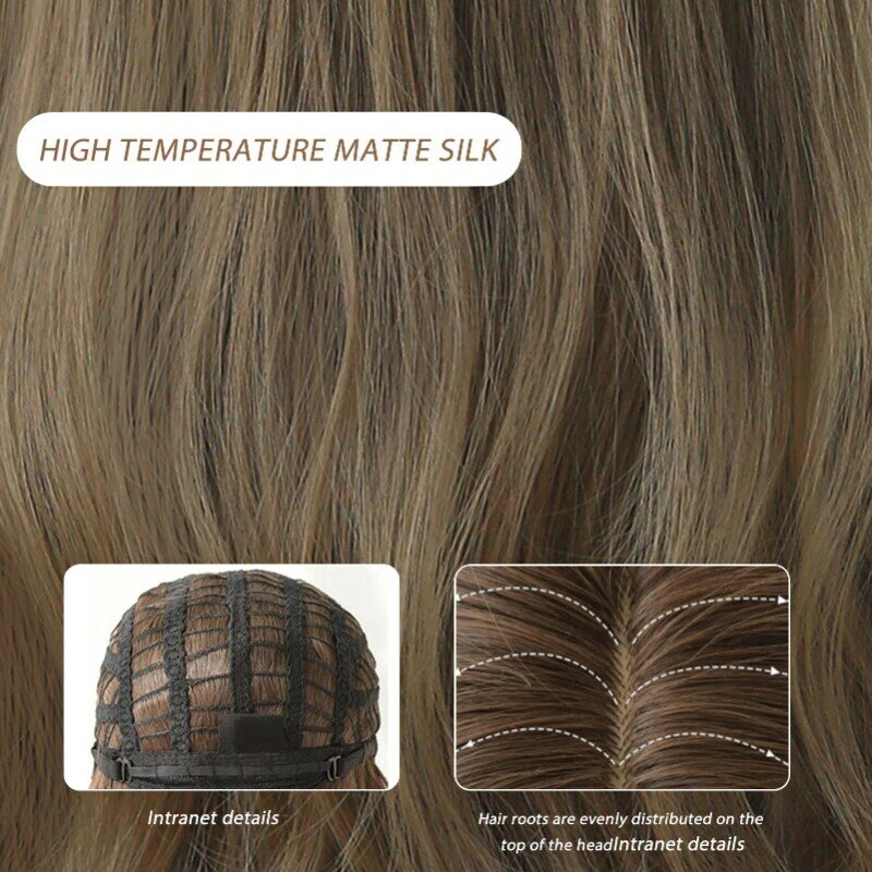 Parrucca lunga riccia marrone con frangia parrucche sintetiche resistenti al calore riutilizzabili per donna Glueless Pelucas Para Mujer per uso quotidiano