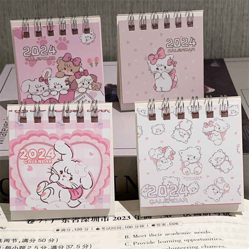Mini étiquettes de calendrier de chat rose de bande dessinée, bobine de bureau exquise et minimaliste, livre de notes, fournitures scolaires, 2024