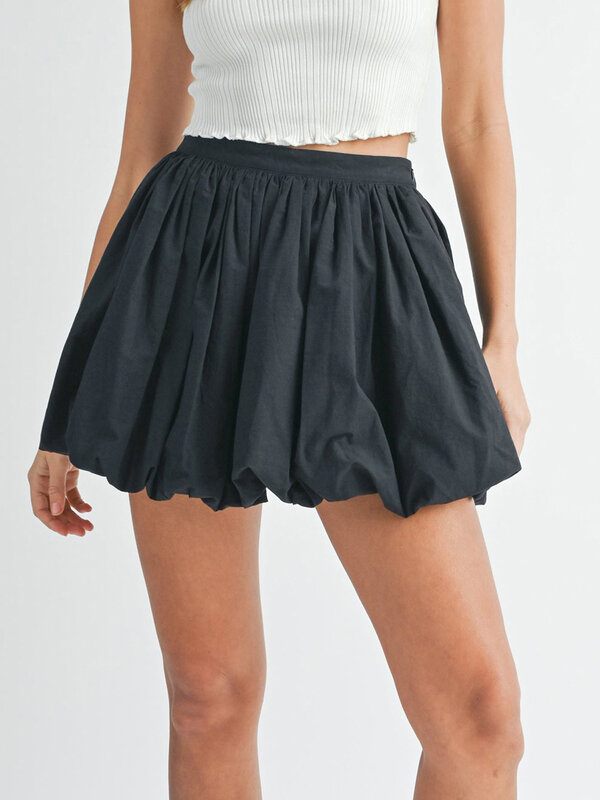 Rok Mini wanita musim panas Y2K, rok Mini pinggang rendah elastis, rok pendek Hem Ruffle gelembung kasual, Gaun sundress pendek longgar