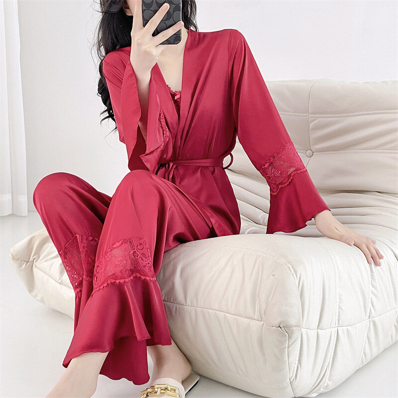 Print 3PCS Pajamas Set For Women Spring Autumn Sexy Lace Sleepwear Kimono Bathrobe Gown Casual Satin Trouser Suit Homewear