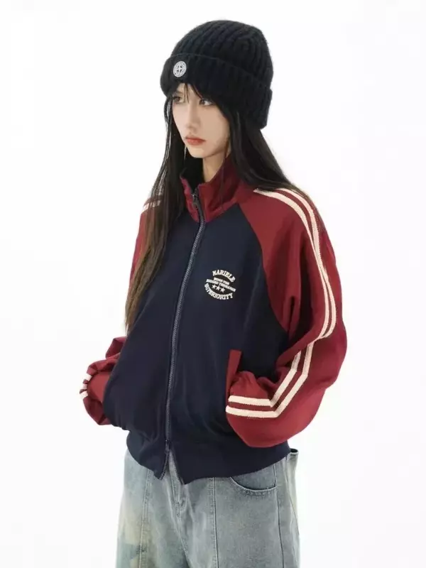 Patchwork Cropped Jacket Women Y2k Zip Up Retro Track Outwear Korean Streetwear Gorpcore Stand Collar Stripe Jackets Female New