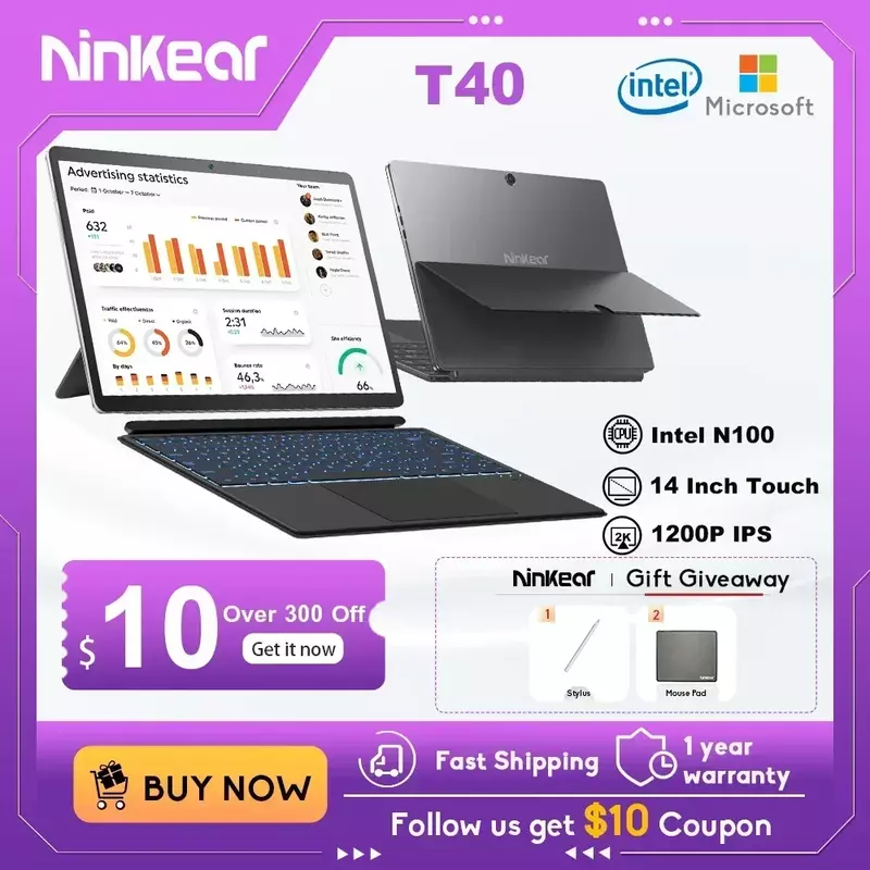 Ноутбук Ninkear T40 планшет, мини-ноутбук 14 дюймов 2 в 1 Intel N100 16 ГБ + 512 ГБ 1200P IPS сенсорный экран Windows 11 Бесплатная доставка